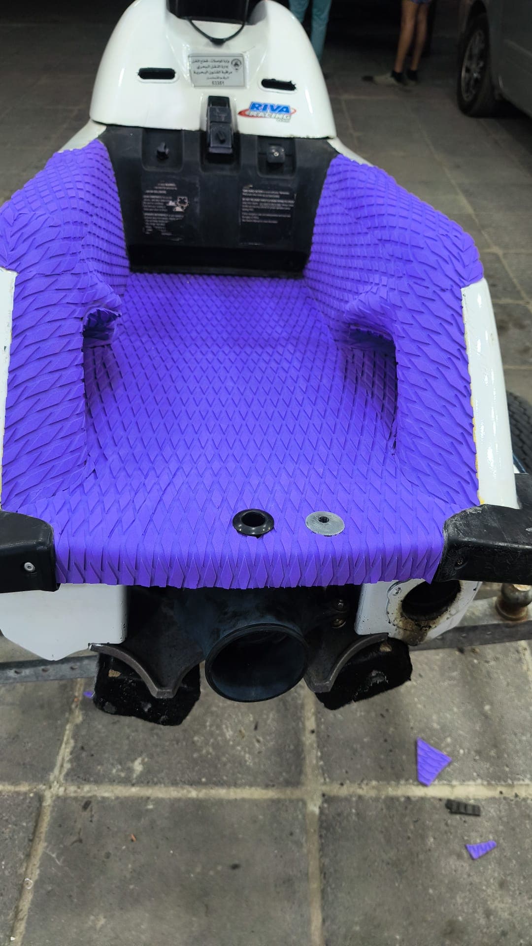 Jet ski footwell with a fitted, non-slip marine floor mat by Shakeel Marine in Kuwait