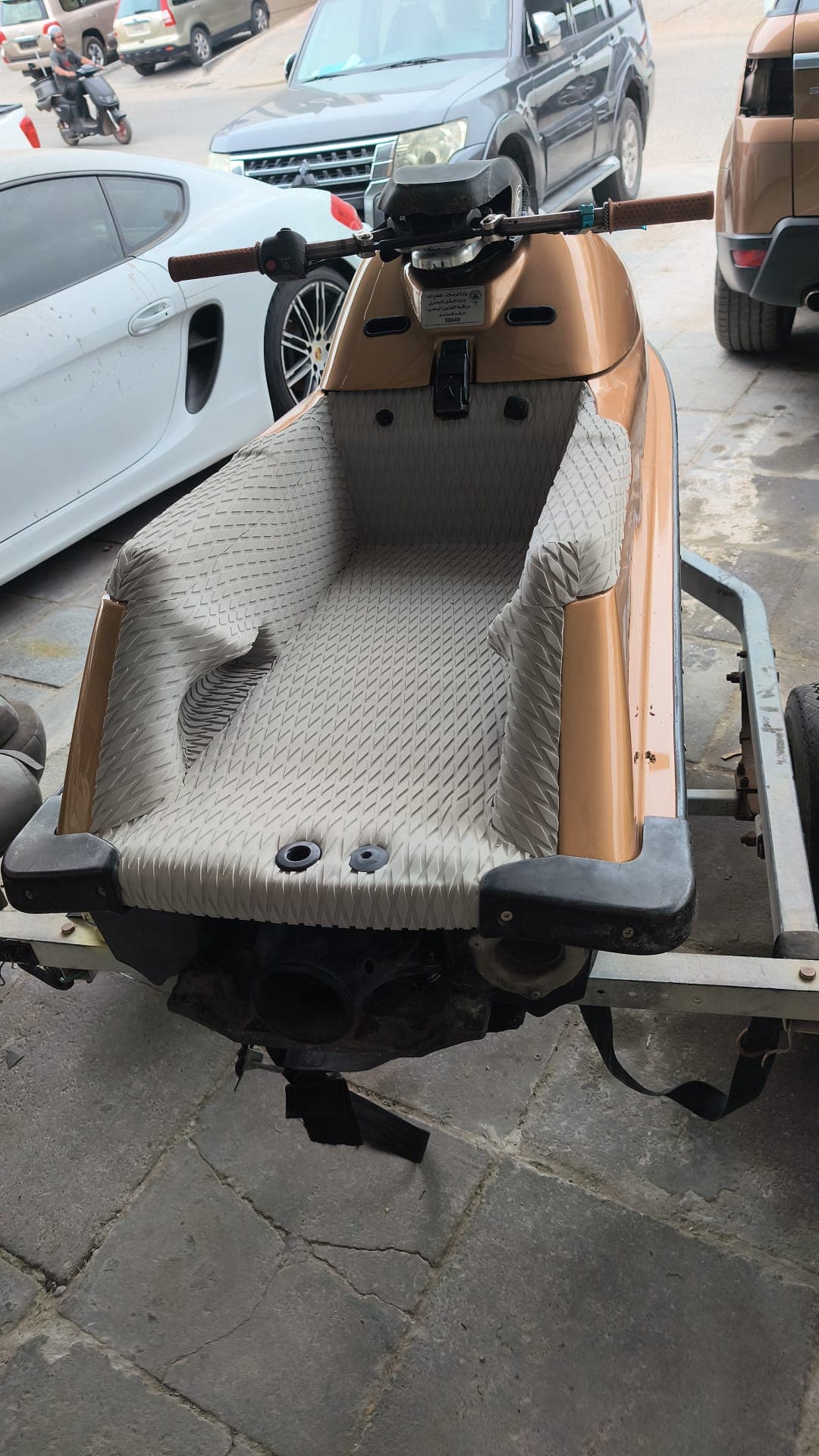 Completed Super Jet floor mat kit shown on a workshop stand by Shakeel Marine in Kuwait